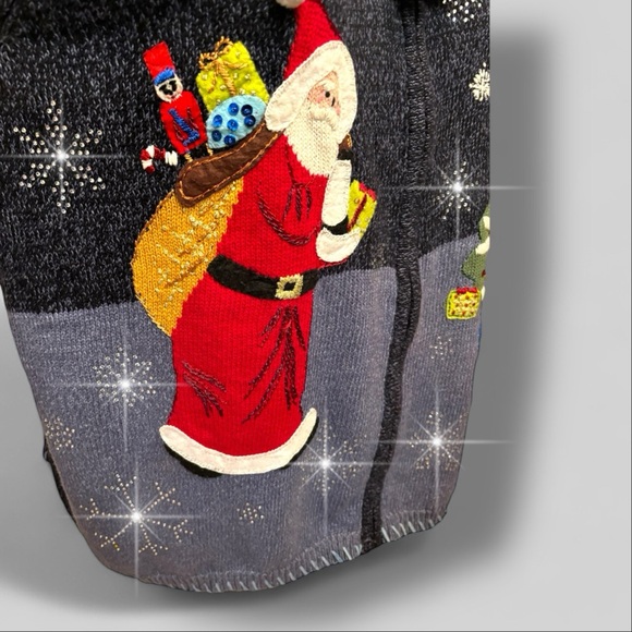 Vtg Blue Ugly Christmas Sweater Sz 1X Heavy Rhinestones Snowflakes Sparkle Santa - Picture 5 of 12